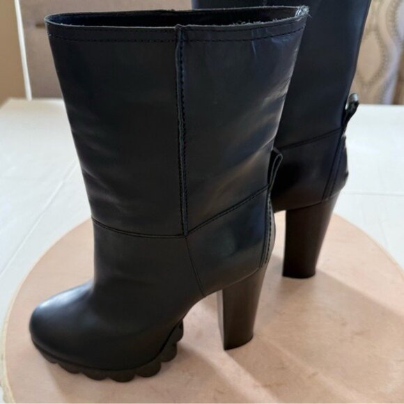Pollini Leather Boots Matte Black Size 7.5 High Heeled Mid Calf Height EUC - Picture 2 of 12